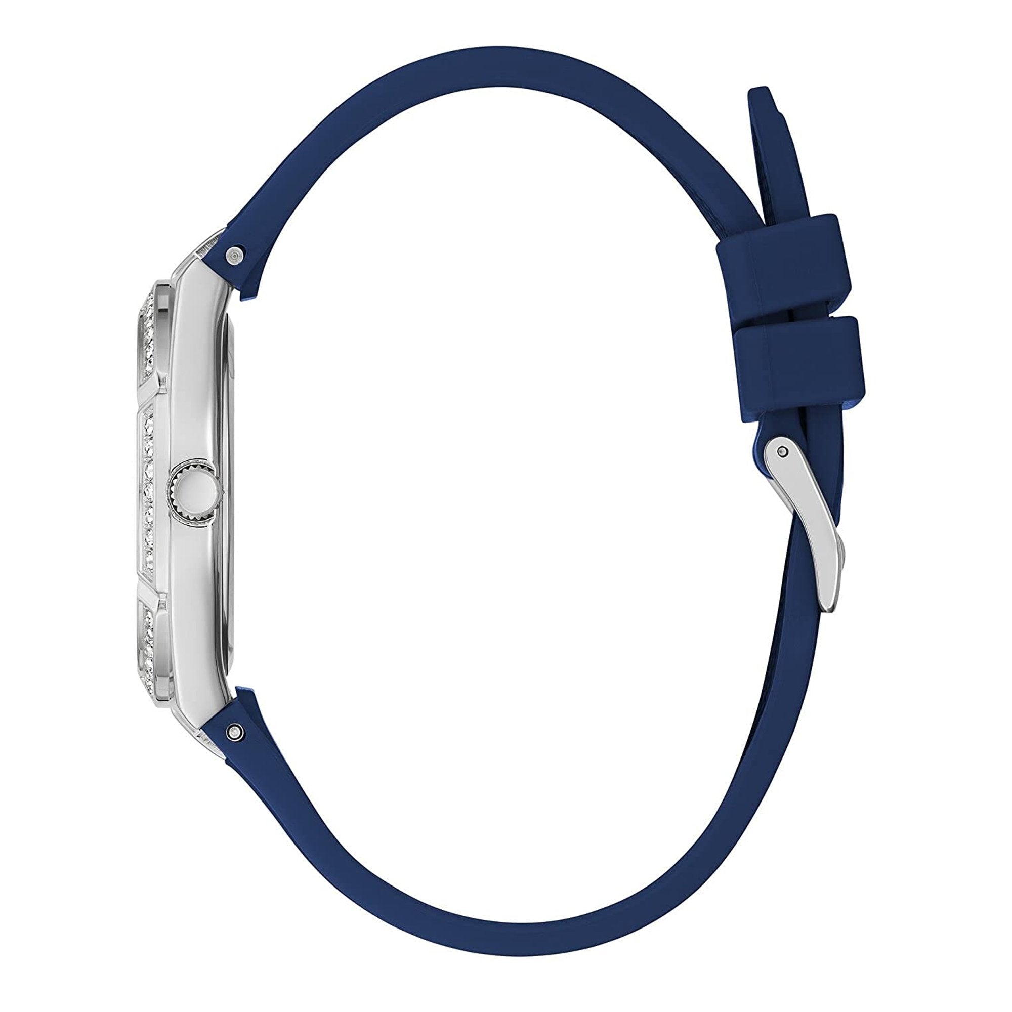Side view of Guess Cosmo watch showing silver case and blue rubber strap