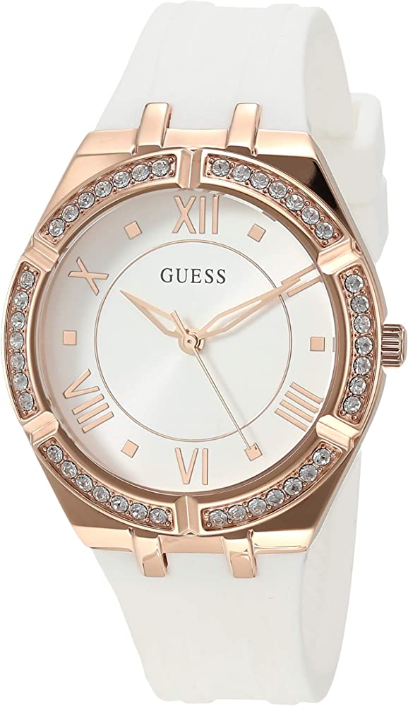 Guess Cosmo rose gold watch with crystal-embellished bezel, white dial and white silicone strap
