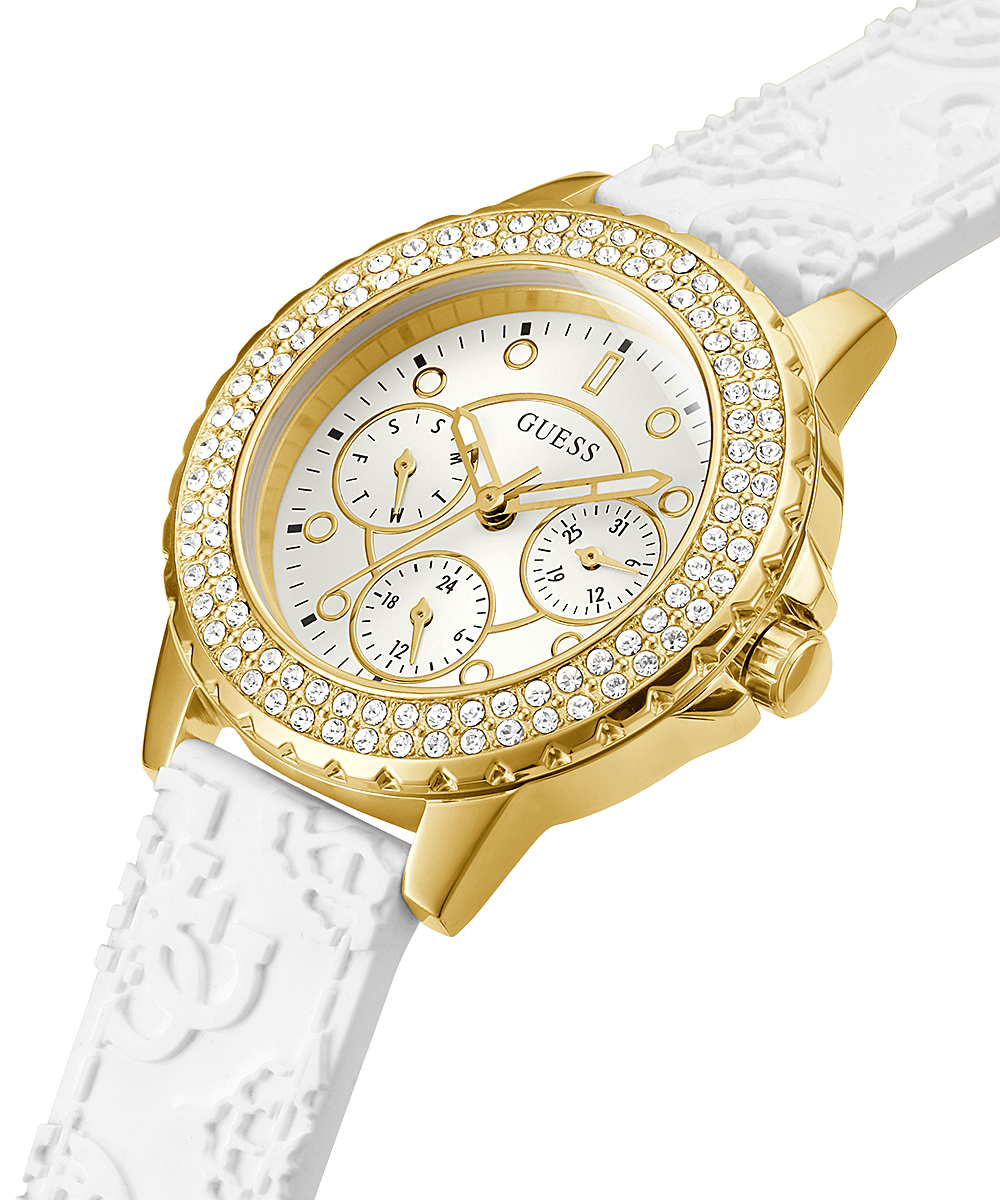 Guess Crown Jewel watch at angle showing gold case, chronograph dial and white textured strap