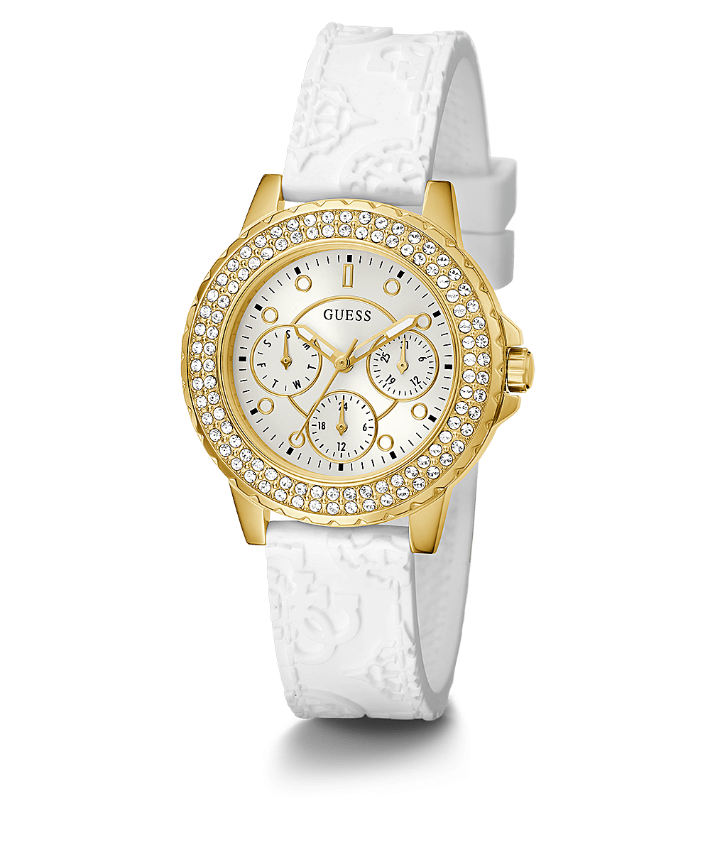 Guess Crown Jewel women's watch with gold-tone case, white silicone strap and crystal bezel