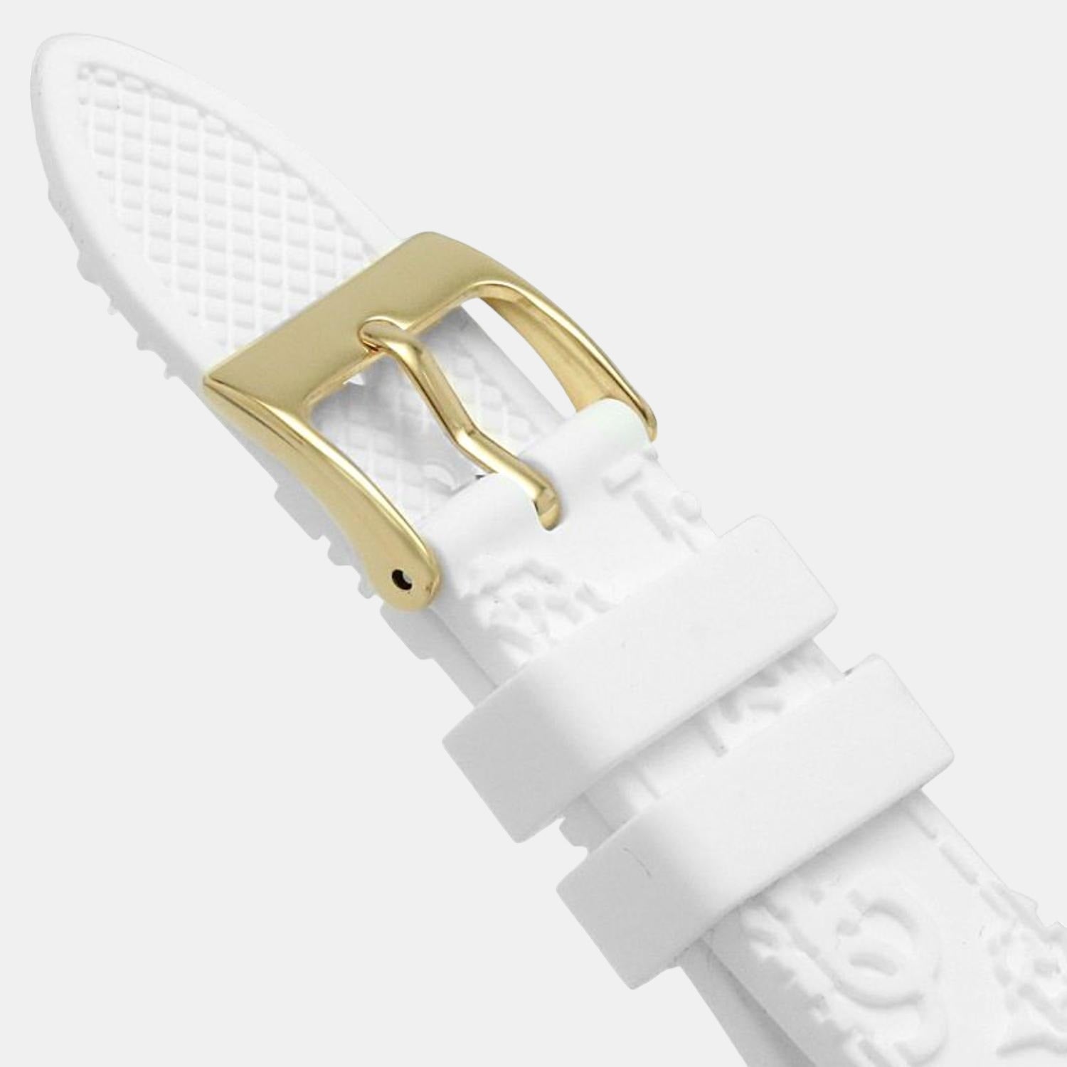 White silicone strap with gold-tone buckle detail on Guess Crown Jewel watch