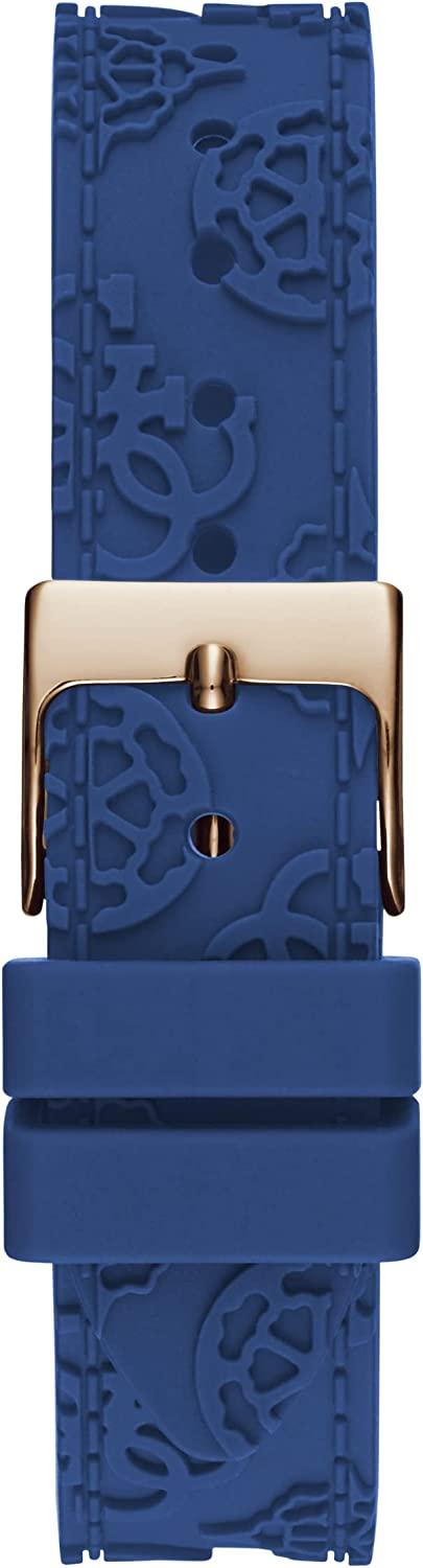 Close-up of Guess Crown Jewel blue silicone strap with embossed logo pattern and gold buckle