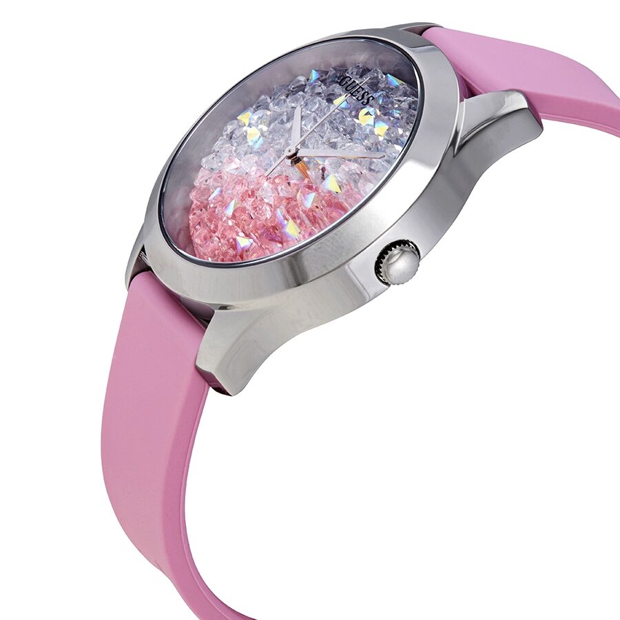 Guess Crush ladies watch angled view showing silver case, crystal dial, and pink silicone strap
