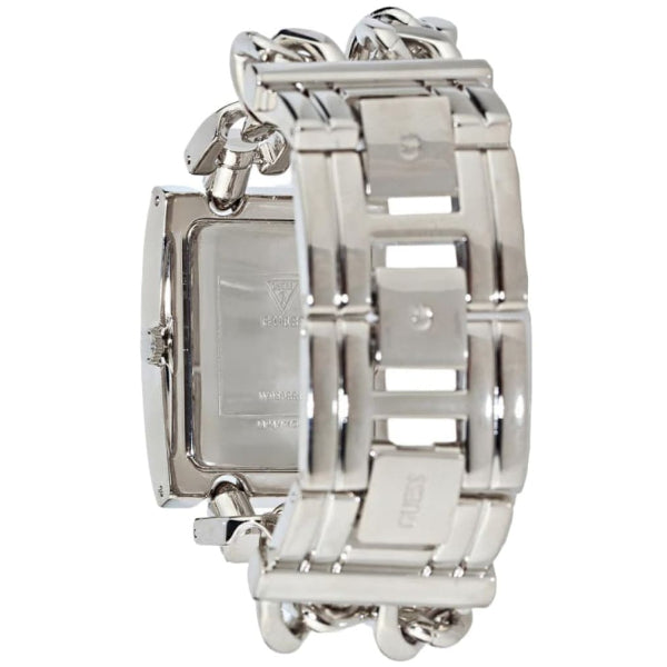 Side profile of Guess W95088L1 watch showing silver bracelet with chain-link design and charm details