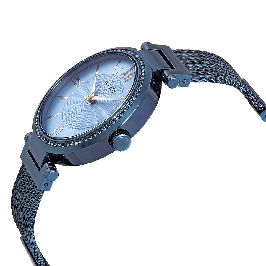 Guess Crystal Blue PVD ladies watch angled view showing blue dial and mesh strap