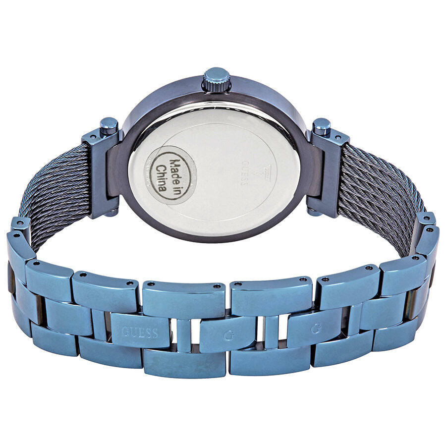 Guess Crystal Blue PVD ladies watch caseback showing blue mesh and link strap