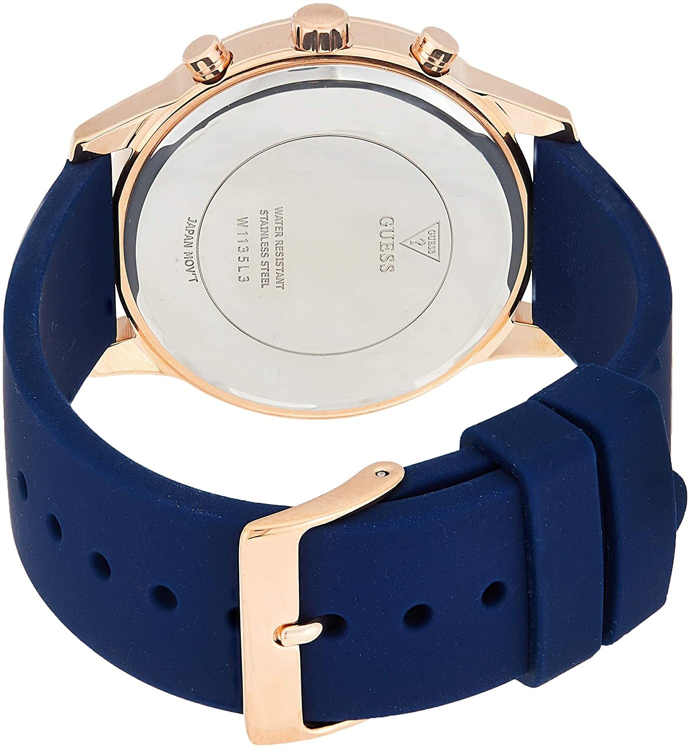 Guess Crystal W1135L3 watch caseback showing stainless steel back and blue silicone strap