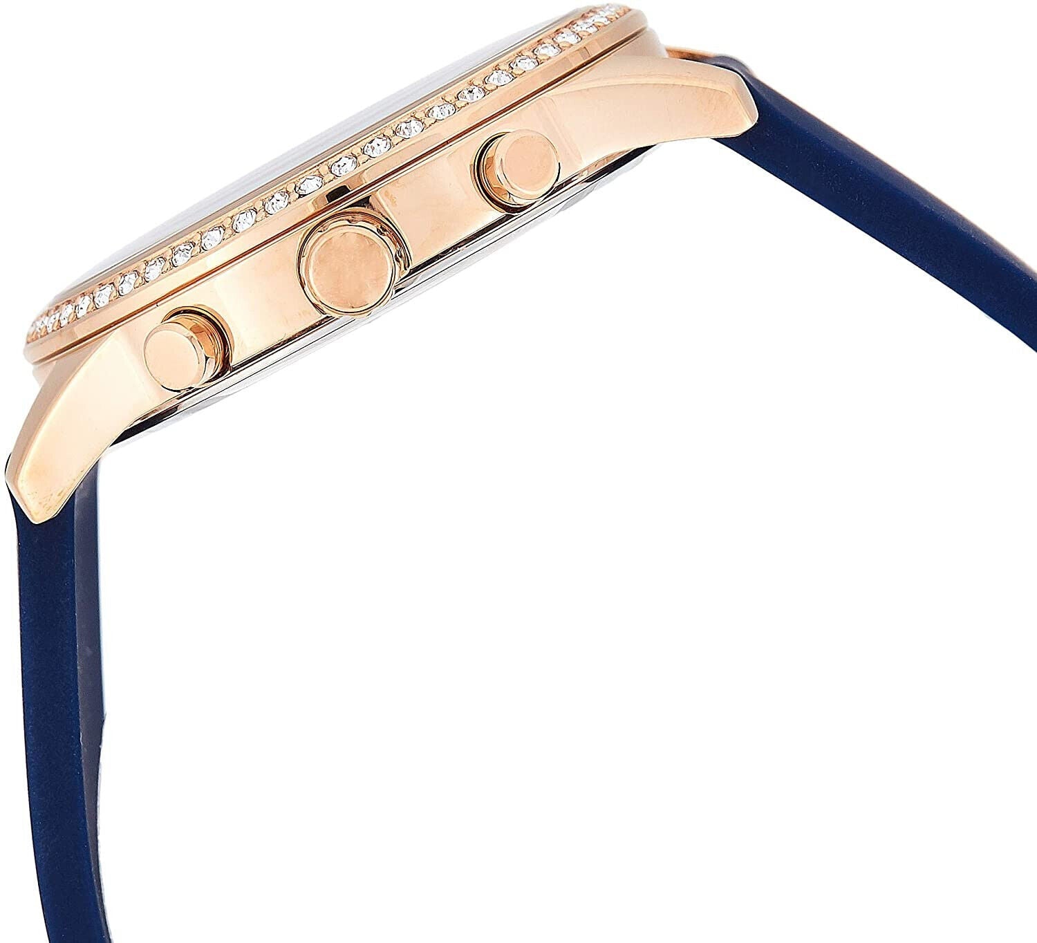 Guess Crystal W1135L3 watch side profile showing rose gold case and blue silicone strap