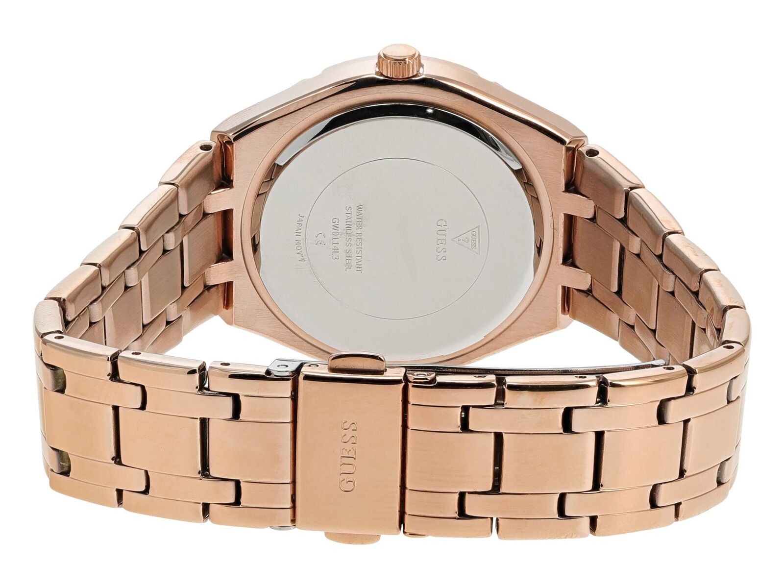 Watch caseback showing rose gold case and bracelet attachment