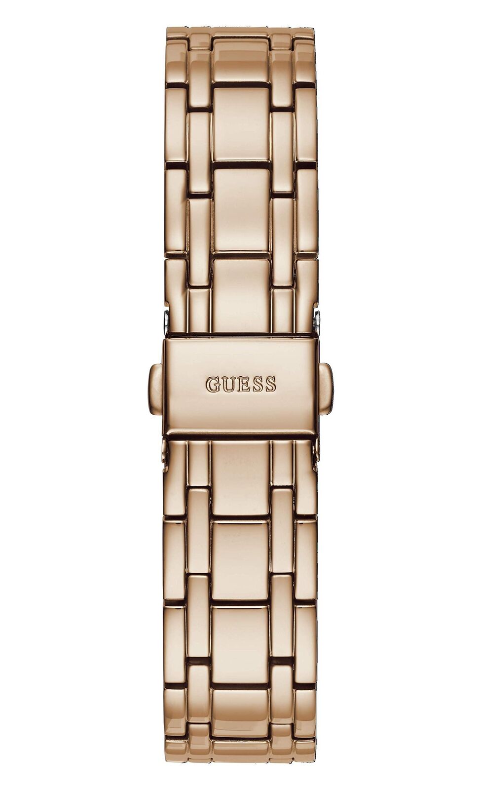 Rose gold bracelet strap with GUESS branding and clasp detail