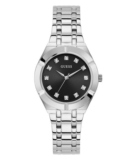 Guess Crystalline Silver women's watch with black dial, crystal hour markers, and silver-tone bracelet