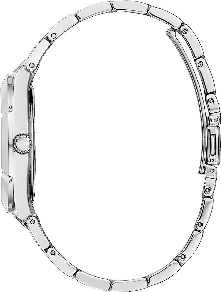 Side view of Guess Crystalline Silver watch showing silver-tone stainless steel bracelet and case profile