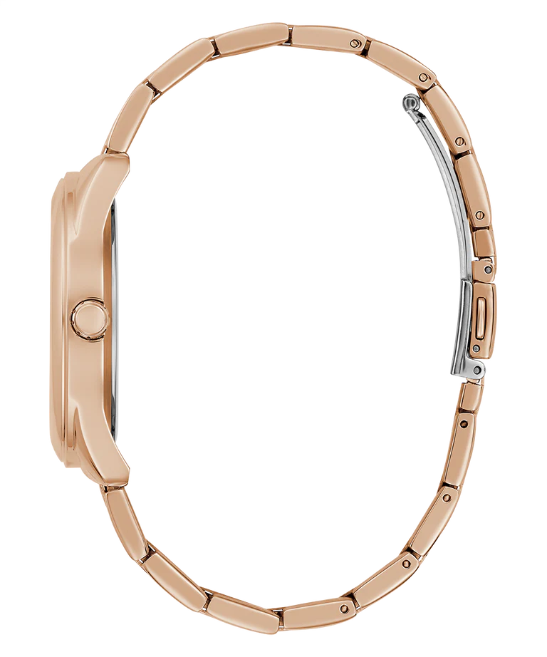 Guess Cubed watch side profile displaying rose gold steel case and bracelet