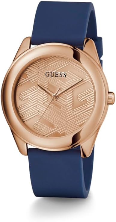 Angled view of Guess Cubed watch displaying rose gold case and navy strap