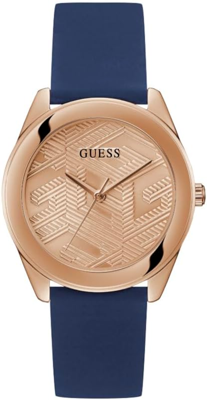 Guess Cubed quartz watch with rose gold dial and navy silicone strap
