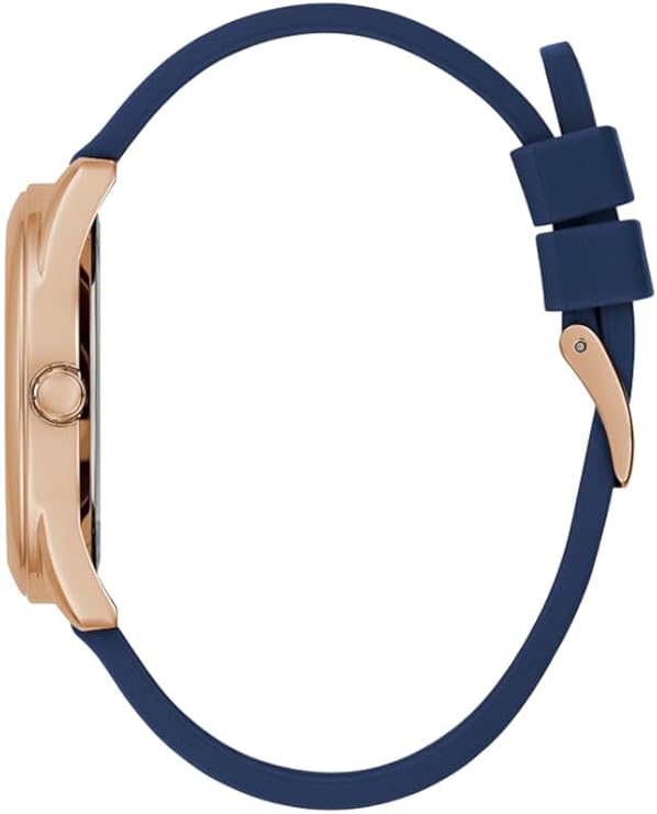 Side view of Guess Cubed watch showing rose gold case and navy strap