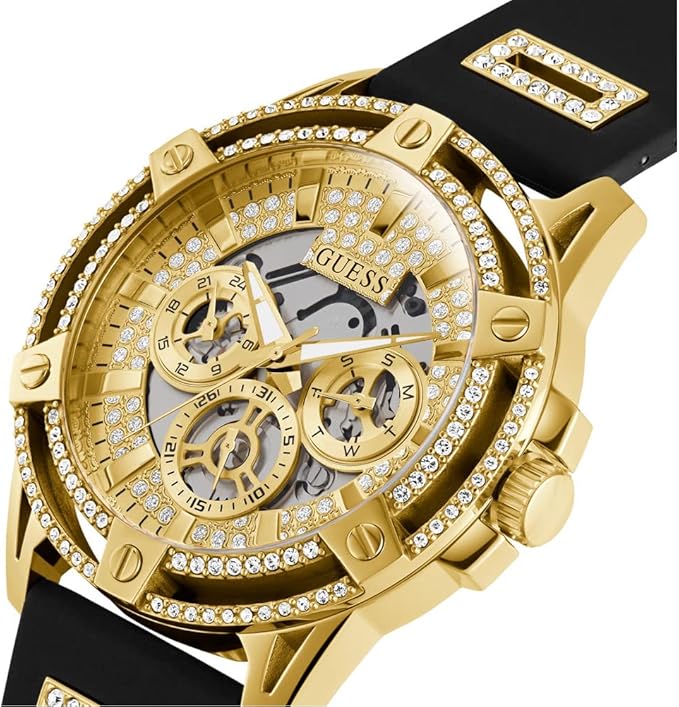 Gold-tone skeleton dial with multifunction subdials and crystal-set bezel detail