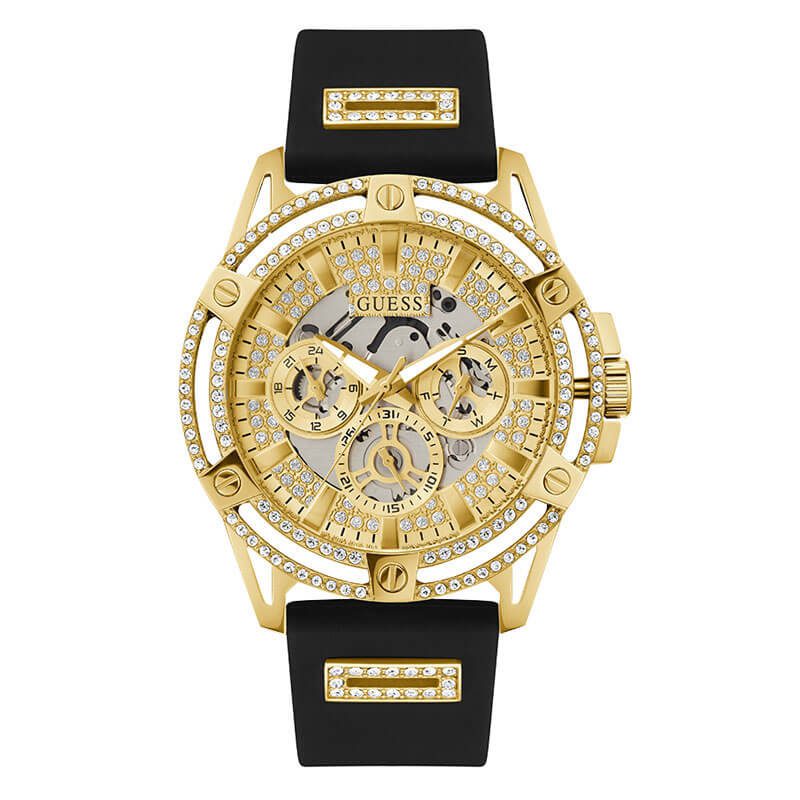 Guess Cut-Through gold-tone multifunction watch with black silicone strap and crystal-set bezel