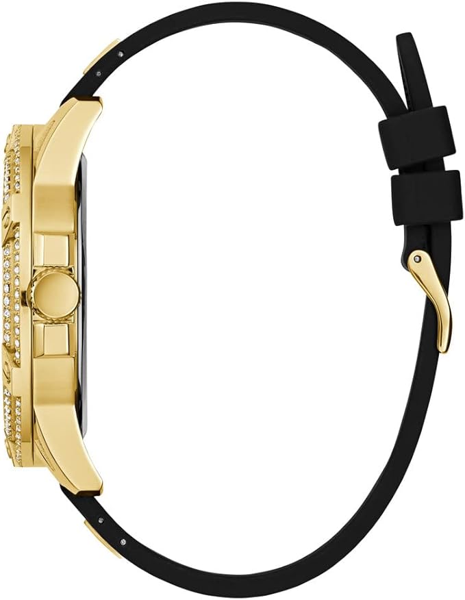 Guess Cut-Through watch shown on wrist with gold case and black silicone band
