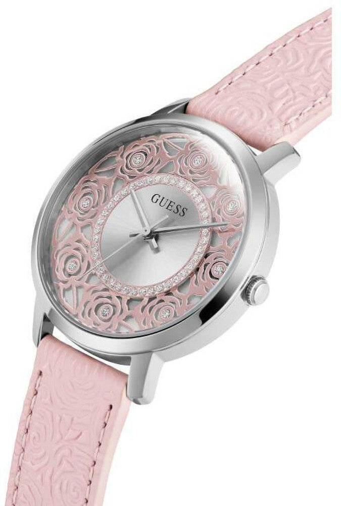 Angled view of Guess Dahlia watch showing silver case with rose dial and pink strap