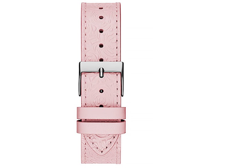Pink leather strap with embossed rose pattern and silver buckle on Guess Dahlia watch
