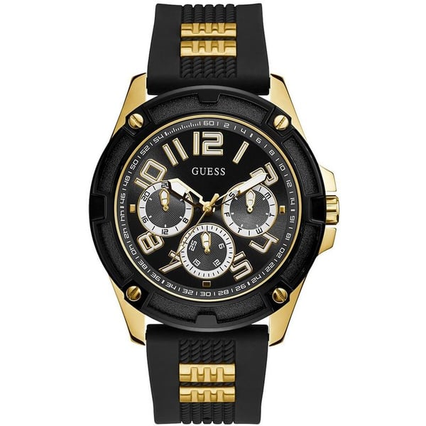 Guess Delta black silicone strap men's watch with gold-tone case and three sub-dials