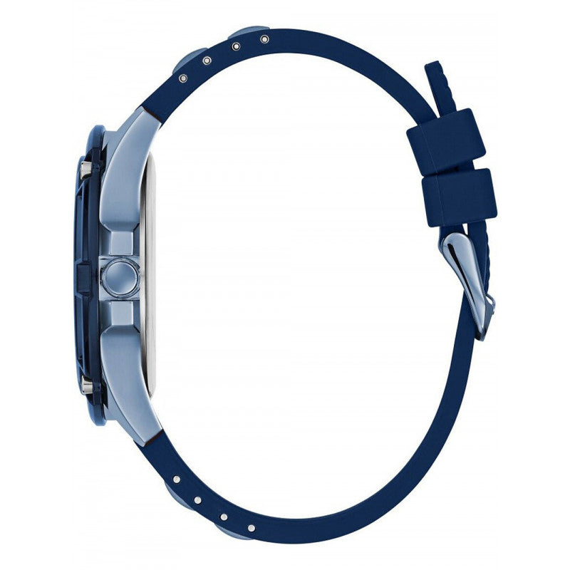 Guess Delta watch side profile showing blue silicone strap and stainless steel case
