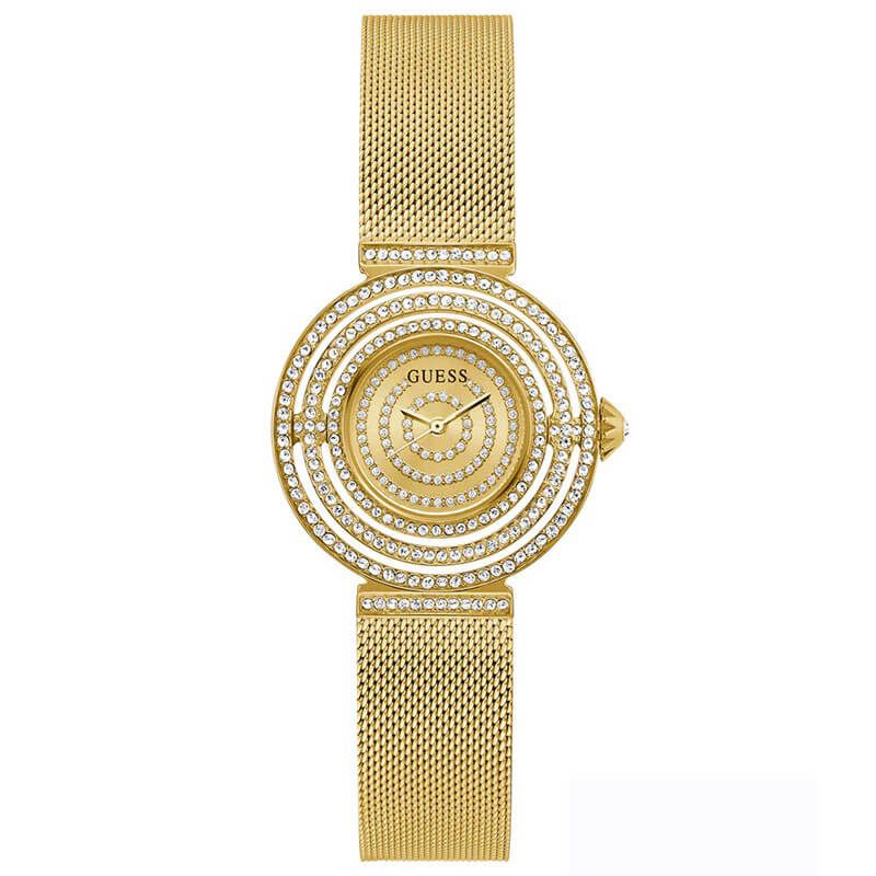 Guess Dream women's watch with gold-tone circular crystal dial and gold mesh strap