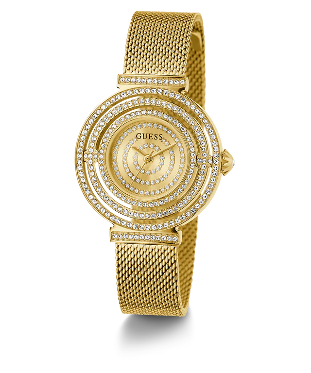 Guess Dream GW0550L2 watch at angle showing crystal-embellished bezel and gold mesh band