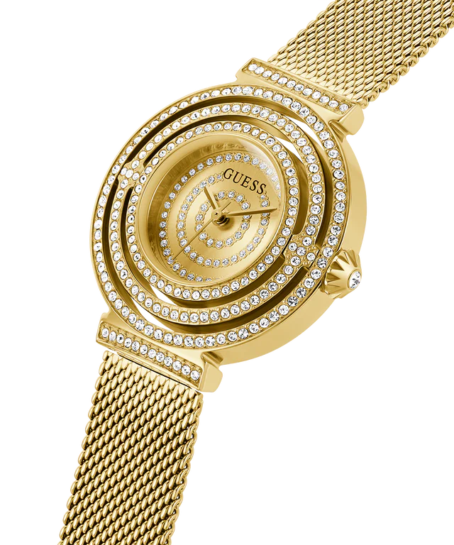 Guess Dream women's watch detail showing concentric crystal circles and mesh strap