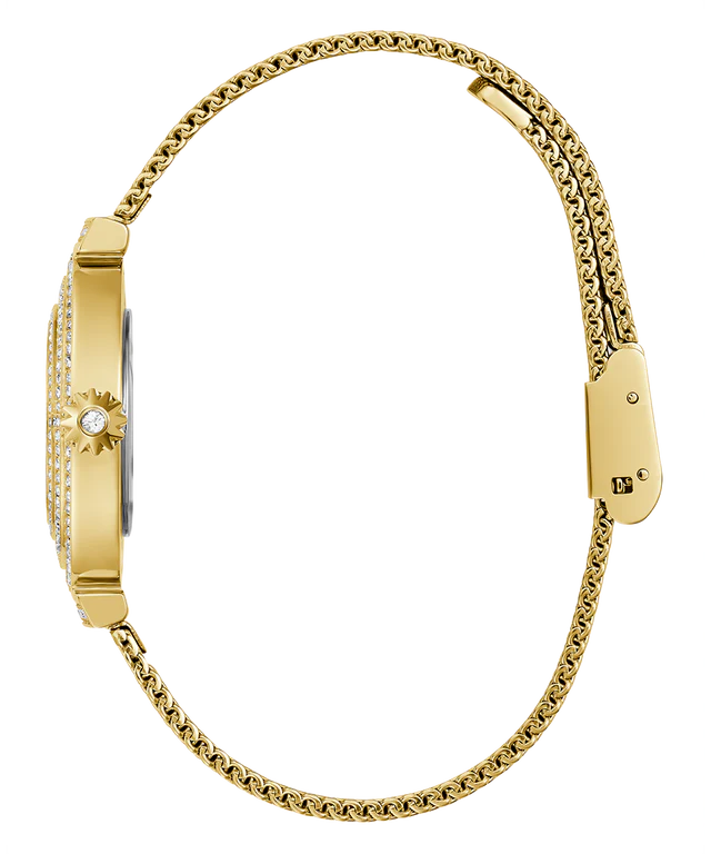 Guess Dream GW0550L2 watch shown from the side with gold case and mesh band