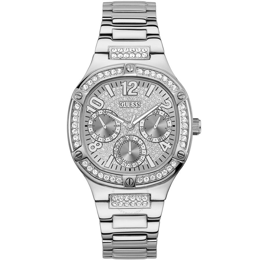 Guess Duchess quartz ladies watch with silver dial, crystal-set bezel and case, and stainless steel bracelet