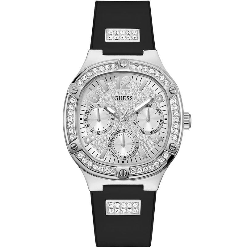 Guess Duchess silver tone square watch with crystal bezel and black silicone strap