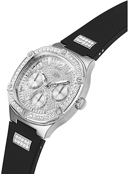Guess Duchess watch angled view showing silver tone case and black strap