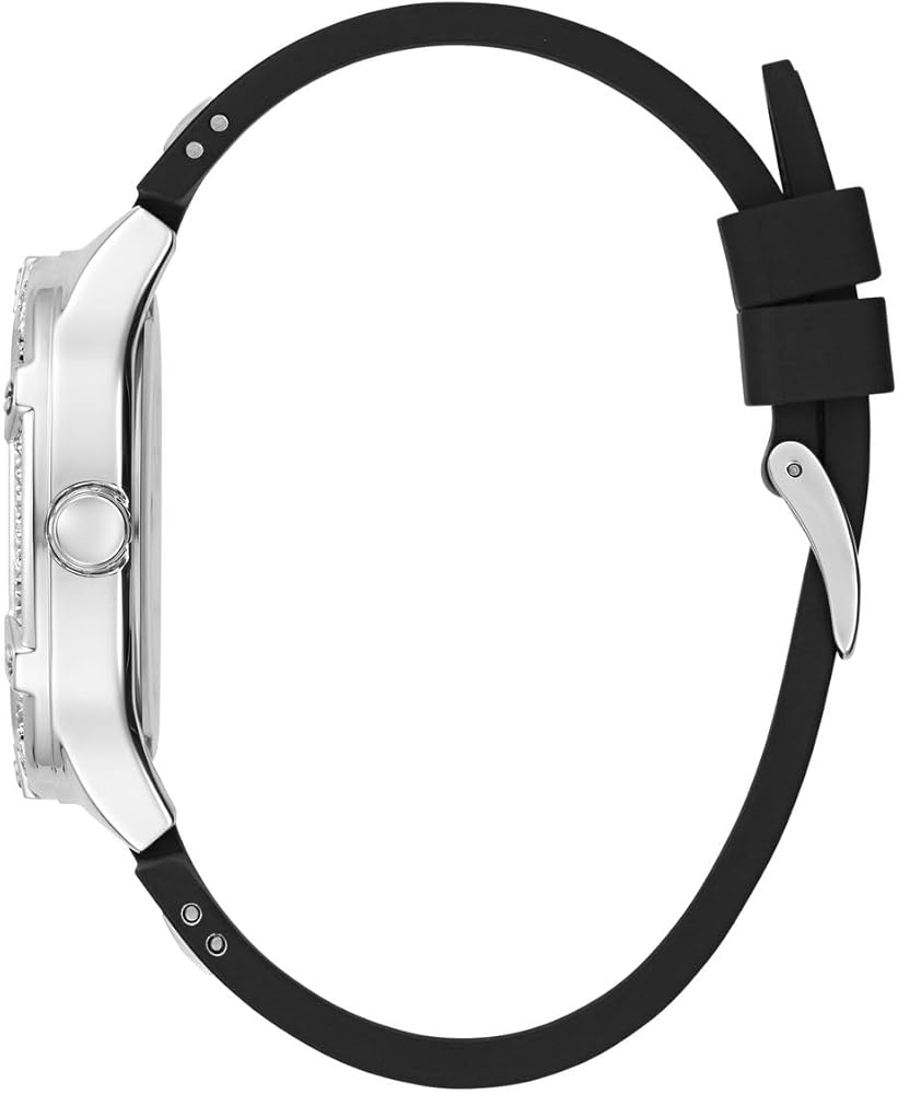 Guess Duchess watch side profile showing case thickness and black silicone strap