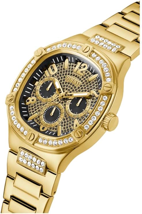 Guess Duke men's gold watch angled view with textured black dial and crystal-set case