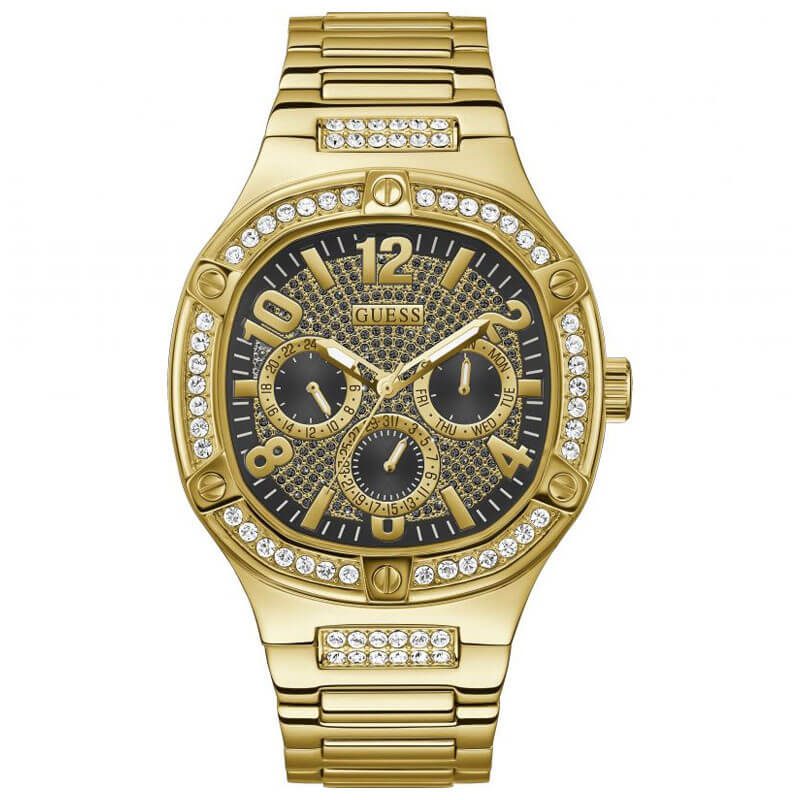 Guess Duke gold men's watch with black dial, crystal bezel, and chronograph subdials