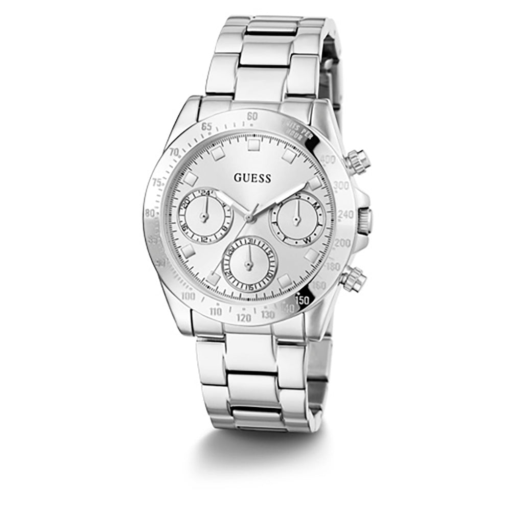 Guess Eclipse silver tone women's chronograph watch with white dial and three sub-dials