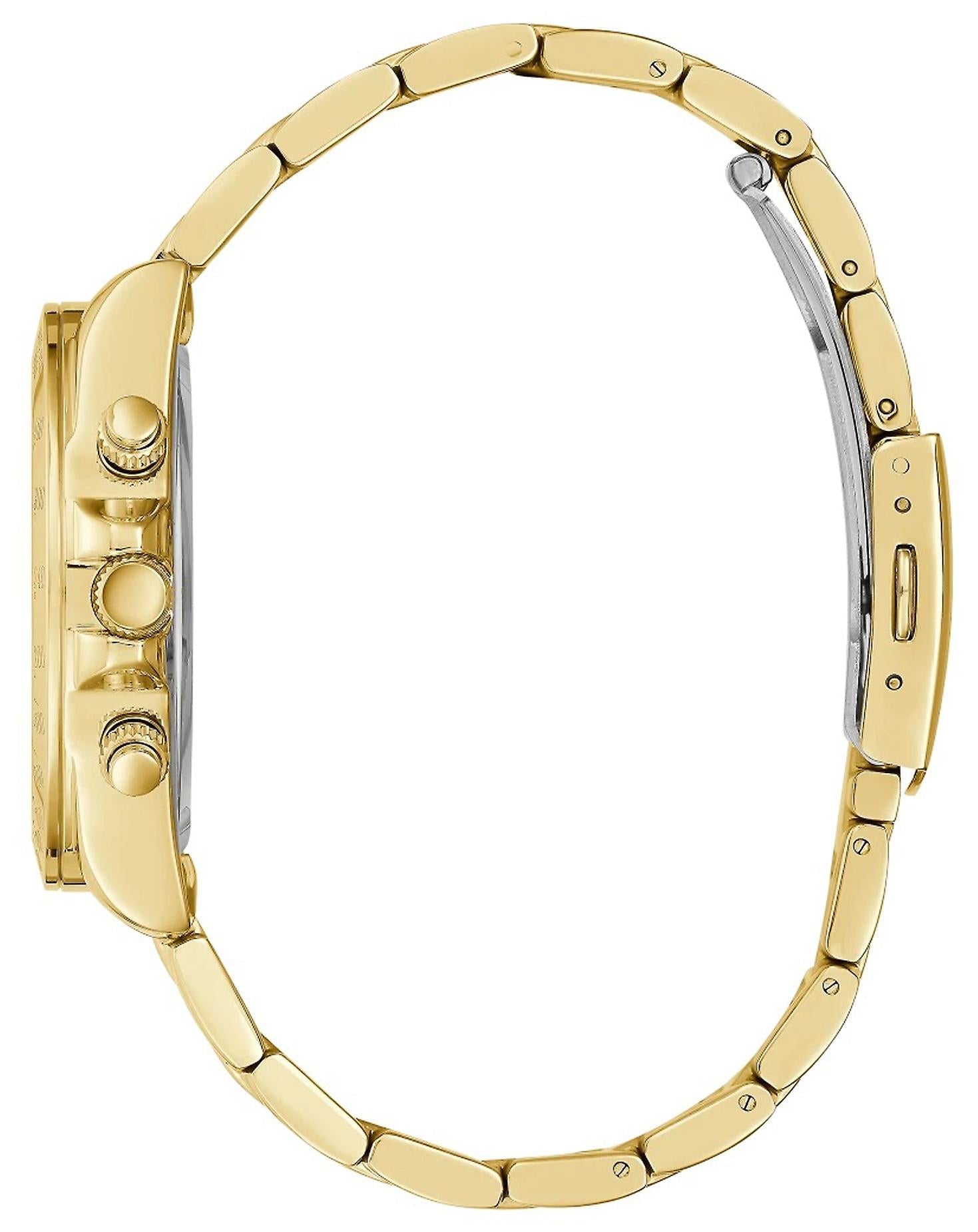 Side view of Guess Eclipse gold tone watch showing case thickness and bracelet clasp