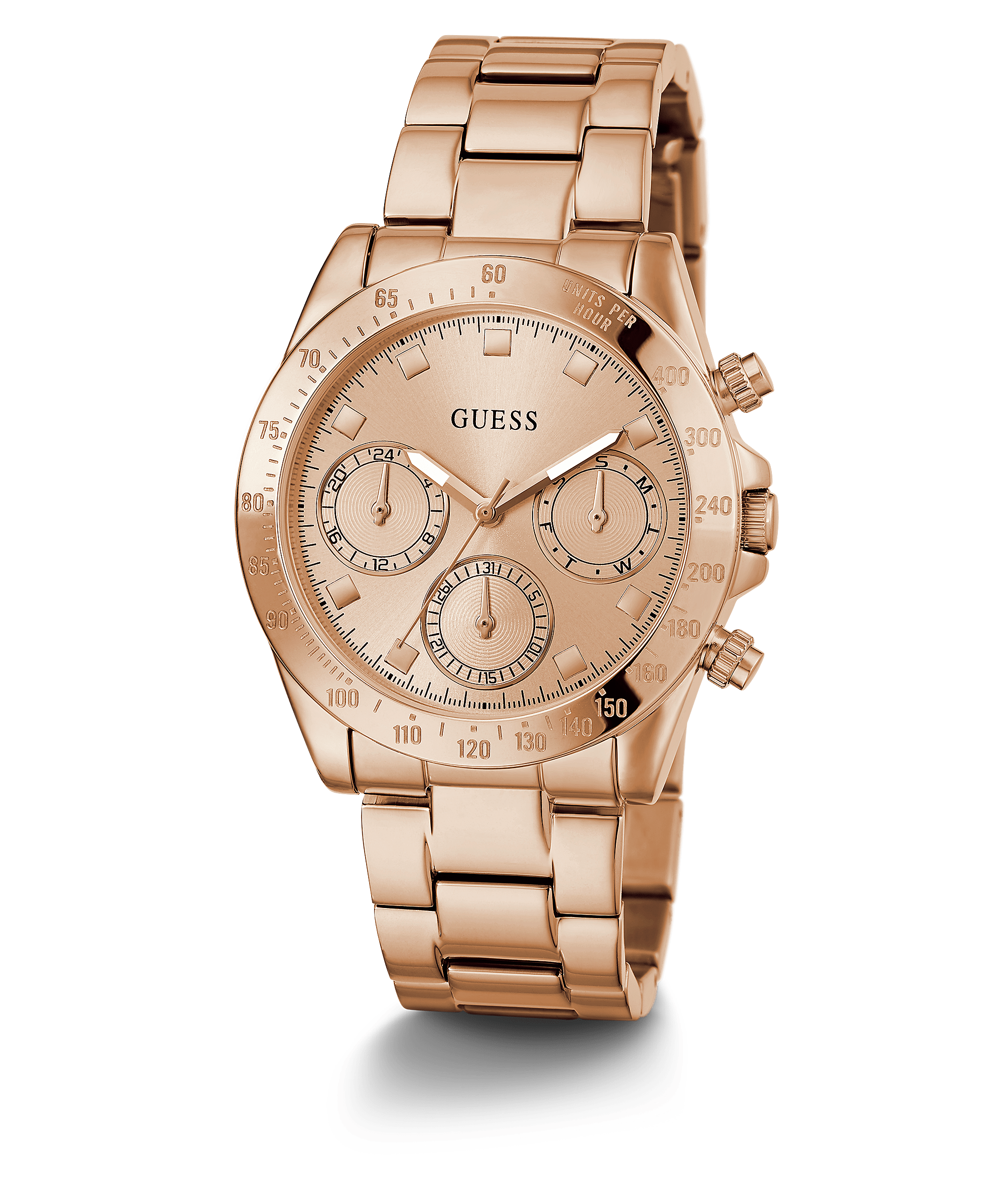 Guess Eclipse rose gold tone unisex chronograph watch with multi-dial face and metal bracelet