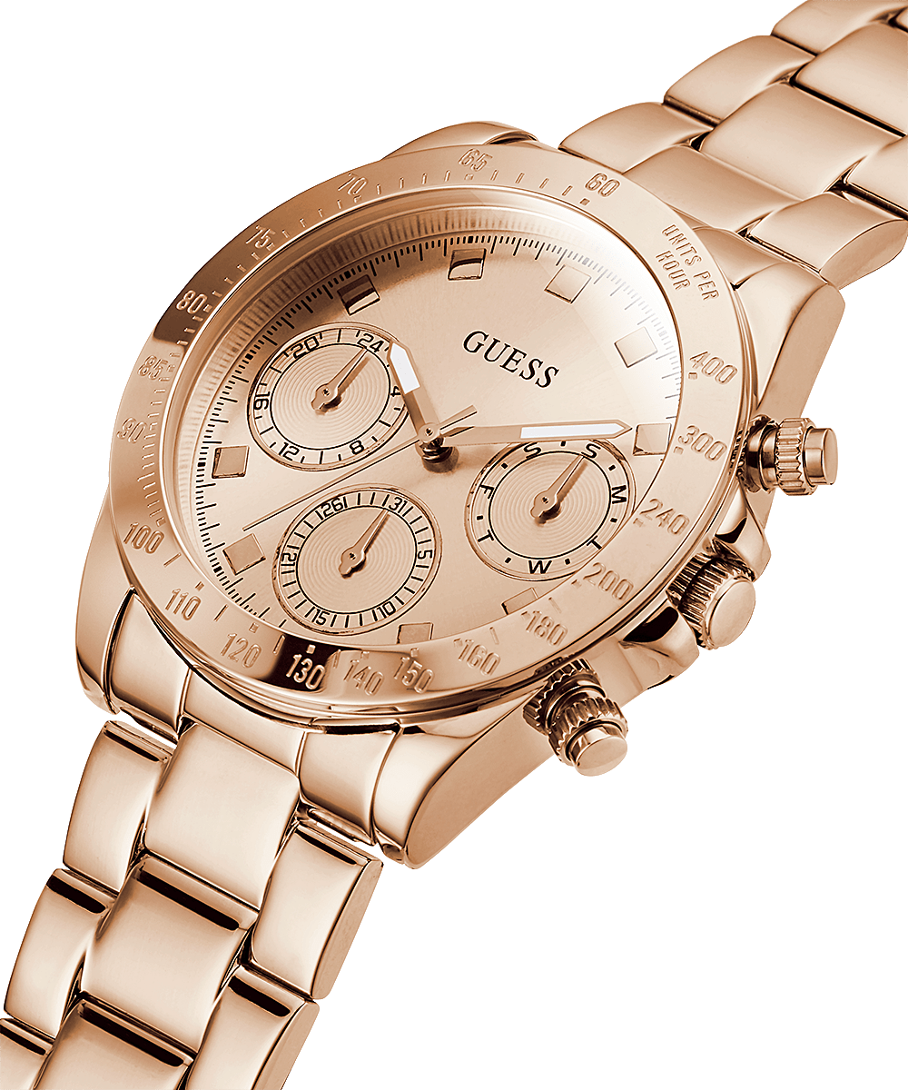 Guess Eclipse watch angled view showing rose gold chronograph dial with subdials and bracelet