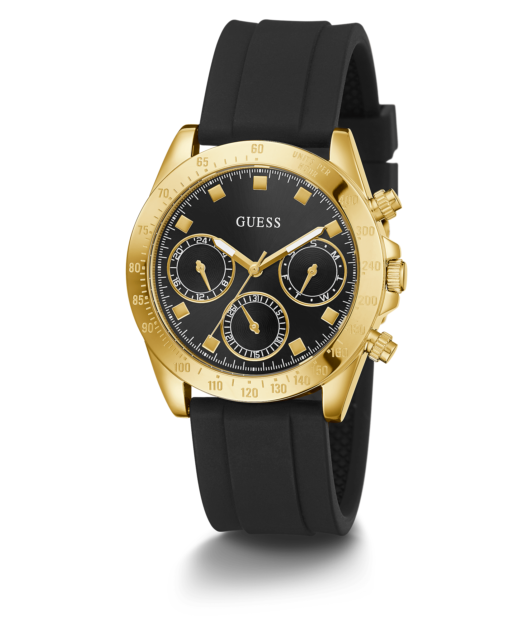 Guess Eclipse women's chronograph watch with gold-tone case, black dial, and black silicone strap