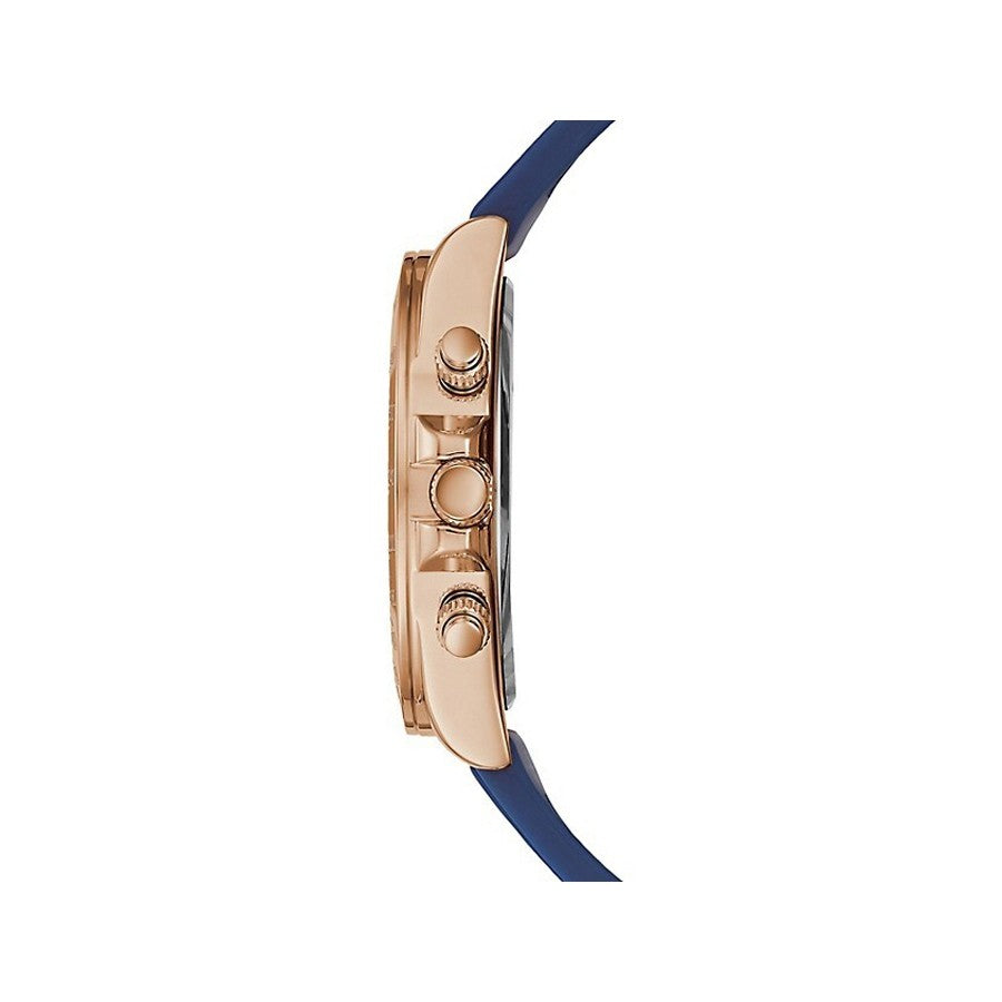 Side profile of Guess Eclipse watch displaying rose gold case and navy silicone strap