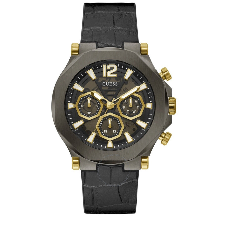 Guess Edge chronograph watch with black dial, gold subdials, gunmetal case and black leather strap