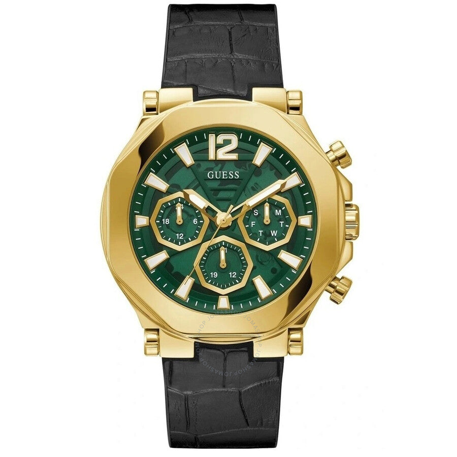 Guess Edge gold-tone chronograph watch with green dial and black leather strap