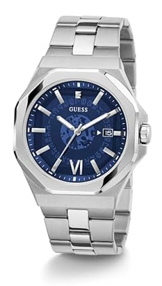 GUESS EMPEROR watch at three-quarter angle showing blue dial and metal bracelet