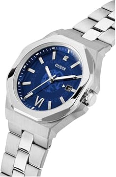 GUESS EMPEROR watch side view showing blue dial, hands, and metal bracelet