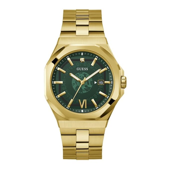 GUESS Emperor gold-tone watch with green dial, Roman numerals, and gold bracelet