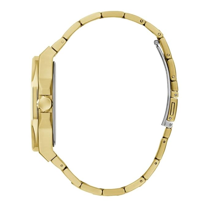 Side view of GUESS Emperor watch showing gold-tone case profile and bracelet