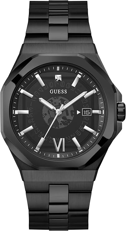 GUESS EMPEROR black round dial analog men watch with black stainless steel bracelet